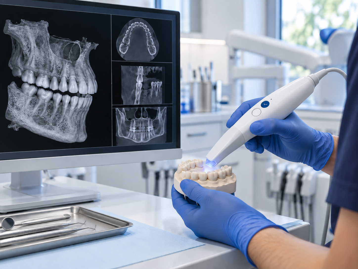 Escáner Medit i700 sobre un modelo dental y visualización tomográfica